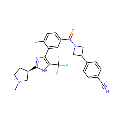 Cc1ccc(C(=O)N2CC(c3ccc(C#N)cc3)C2)cc1-c1nc([C@@H]2CCN(C)C2)[nH]c1C(F)(F)F ZINC000206737514