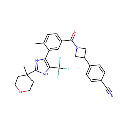 Cc1ccc(C(=O)N2CC(c3ccc(C#N)cc3)C2)cc1-c1nc(C2(C)CCOCC2)[nH]c1C(F)(F)F ZINC000220786213