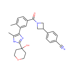 Cc1ccc(C(=O)N2CC(c3ccc(C#N)cc3)C2)cc1-c1nc(C2(O)CCOCC2)[nH]c1C ZINC000219046860