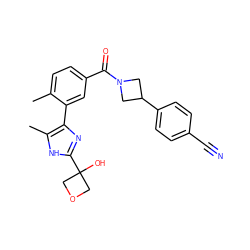 Cc1ccc(C(=O)N2CC(c3ccc(C#N)cc3)C2)cc1-c1nc(C2(O)COC2)[nH]c1C ZINC000218952020