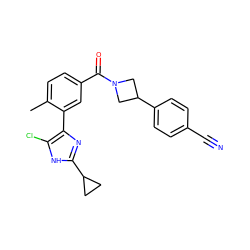 Cc1ccc(C(=O)N2CC(c3ccc(C#N)cc3)C2)cc1-c1nc(C2CC2)[nH]c1Cl ZINC000220777301