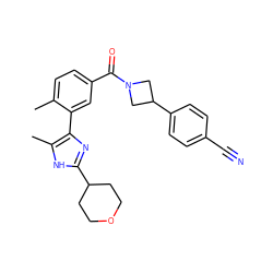 Cc1ccc(C(=O)N2CC(c3ccc(C#N)cc3)C2)cc1-c1nc(C2CCOCC2)[nH]c1C ZINC000142754301