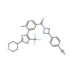 Cc1ccc(C(=O)N2CC(c3ccc(C#N)cc3)C2)cc1-c1nc(C2CCOCC2)[nH]c1C(F)(F)F ZINC000218995199