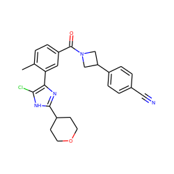 Cc1ccc(C(=O)N2CC(c3ccc(C#N)cc3)C2)cc1-c1nc(C2CCOCC2)[nH]c1Cl ZINC000219052831