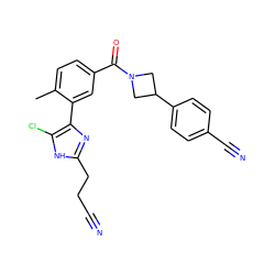 Cc1ccc(C(=O)N2CC(c3ccc(C#N)cc3)C2)cc1-c1nc(CCC#N)[nH]c1Cl ZINC000206747966