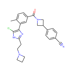 Cc1ccc(C(=O)N2CC(c3ccc(C#N)cc3)C2)cc1-c1nc(CCN2CCC2)[nH]c1Cl ZINC000219073919