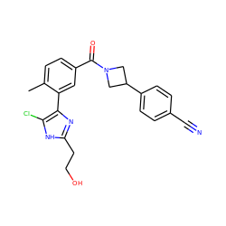 Cc1ccc(C(=O)N2CC(c3ccc(C#N)cc3)C2)cc1-c1nc(CCO)[nH]c1Cl ZINC000206748082