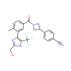 Cc1ccc(C(=O)N2CC(c3ccc(C#N)cc3)C2)cc1-c1nc(CO)[nH]c1C(F)(F)F ZINC000218912576