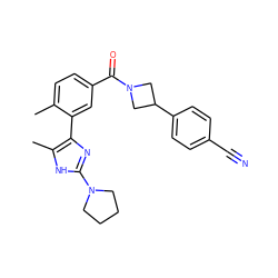 Cc1ccc(C(=O)N2CC(c3ccc(C#N)cc3)C2)cc1-c1nc(N2CCCC2)[nH]c1C ZINC000219078968