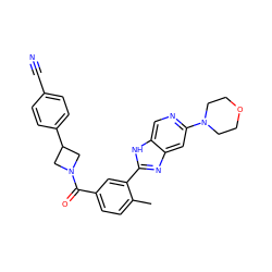 Cc1ccc(C(=O)N2CC(c3ccc(C#N)cc3)C2)cc1-c1nc2cc(N3CCOCC3)ncc2[nH]1 ZINC000142402841