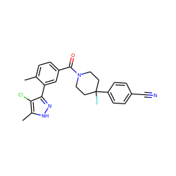 Cc1ccc(C(=O)N2CCC(F)(c3ccc(C#N)cc3)CC2)cc1-c1n[nH]c(C)c1Cl ZINC000220777390