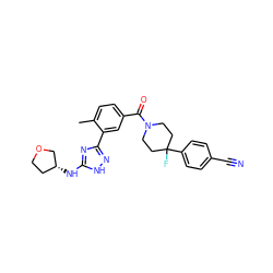 Cc1ccc(C(=O)N2CCC(F)(c3ccc(C#N)cc3)CC2)cc1-c1n[nH]c(N[C@@H]2CCOC2)n1 ZINC000098185385