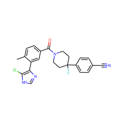 Cc1ccc(C(=O)N2CCC(F)(c3ccc(C#N)cc3)CC2)cc1-c1nc[nH]c1Cl ZINC001772600658