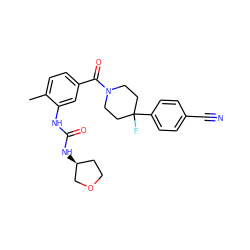 Cc1ccc(C(=O)N2CCC(F)(c3ccc(C#N)cc3)CC2)cc1NC(=O)N[C@H]1CCOC1 ZINC000098185517