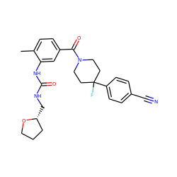 Cc1ccc(C(=O)N2CCC(F)(c3ccc(C#N)cc3)CC2)cc1NC(=O)NC[C@@H]1CCCO1 ZINC000143595231