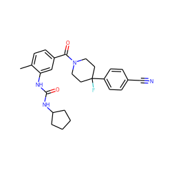 Cc1ccc(C(=O)N2CCC(F)(c3ccc(C#N)cc3)CC2)cc1NC(=O)NC1CCCC1 ZINC000150304697