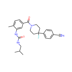 Cc1ccc(C(=O)N2CCC(F)(c3ccc(C#N)cc3)CC2)cc1NC(=O)NCC(C)C ZINC000098185664