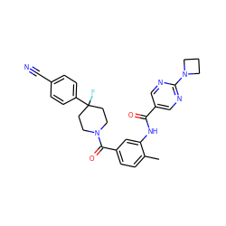 Cc1ccc(C(=O)N2CCC(F)(c3ccc(C#N)cc3)CC2)cc1NC(=O)c1cnc(N2CCC2)nc1 ZINC000098185336