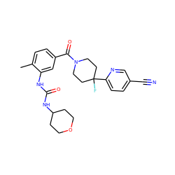 Cc1ccc(C(=O)N2CCC(F)(c3ccc(C#N)cn3)CC2)cc1NC(=O)NC1CCOCC1 ZINC000098185964