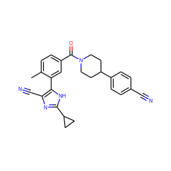 Cc1ccc(C(=O)N2CCC(c3ccc(C#N)cc3)CC2)cc1-c1[nH]c(C2CC2)nc1C#N ZINC000219104150