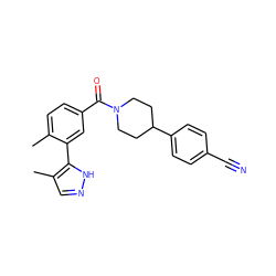 Cc1ccc(C(=O)N2CCC(c3ccc(C#N)cc3)CC2)cc1-c1[nH]ncc1C ZINC000142804961