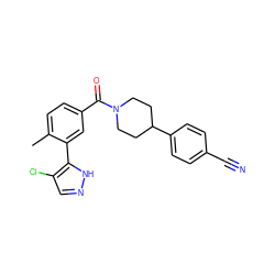 Cc1ccc(C(=O)N2CCC(c3ccc(C#N)cc3)CC2)cc1-c1[nH]ncc1Cl ZINC000218965557