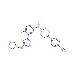 Cc1ccc(C(=O)N2CCC(c3ccc(C#N)cc3)CC2)cc1-c1n[nH]c(N[C@H]2CCOC2)n1 ZINC000098185472