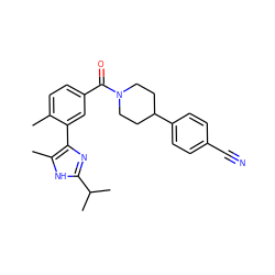 Cc1ccc(C(=O)N2CCC(c3ccc(C#N)cc3)CC2)cc1-c1nc(C(C)C)[nH]c1C ZINC000220785942