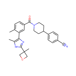 Cc1ccc(C(=O)N2CCC(c3ccc(C#N)cc3)CC2)cc1-c1nc(C2(C)COC2)[nH]c1C ZINC000219092572