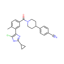 Cc1ccc(C(=O)N2CCC(c3ccc(C#N)cc3)CC2)cc1-c1nc(C2CC2)[nH]c1Cl ZINC000220776931