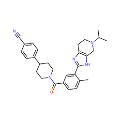 Cc1ccc(C(=O)N2CCC(c3ccc(C#N)cc3)CC2)cc1-c1nc2c([nH]1)CN(C(C)C)CC2 ZINC000098185418