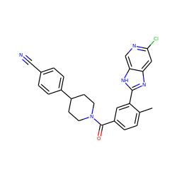 Cc1ccc(C(=O)N2CCC(c3ccc(C#N)cc3)CC2)cc1-c1nc2cc(Cl)ncc2[nH]1 ZINC000150145183