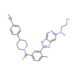 Cc1ccc(C(=O)N2CCC(c3ccc(C#N)cc3)CC2)cc1-c1nc2cc(N(C)CCO)ncc2[nH]1 ZINC000205778587