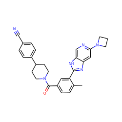 Cc1ccc(C(=O)N2CCC(c3ccc(C#N)cc3)CC2)cc1-c1nc2cc(N3CCC3)ncc2[nH]1 ZINC000095581944