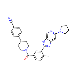 Cc1ccc(C(=O)N2CCC(c3ccc(C#N)cc3)CC2)cc1-c1nc2cc(N3CCCC3)ncc2[nH]1 ZINC000095584595