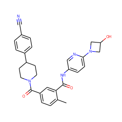 Cc1ccc(C(=O)N2CCC(c3ccc(C#N)cc3)CC2)cc1C(=O)Nc1ccc(N2CC(O)C2)nc1 ZINC000098185913