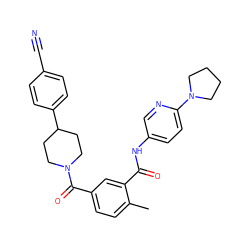 Cc1ccc(C(=O)N2CCC(c3ccc(C#N)cc3)CC2)cc1C(=O)Nc1ccc(N2CCCC2)nc1 ZINC000095581888