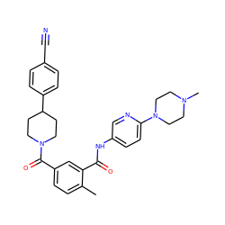 Cc1ccc(C(=O)N2CCC(c3ccc(C#N)cc3)CC2)cc1C(=O)Nc1ccc(N2CCN(C)CC2)nc1 ZINC000098185815