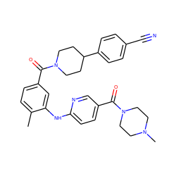 Cc1ccc(C(=O)N2CCC(c3ccc(C#N)cc3)CC2)cc1Nc1ccc(C(=O)N2CCN(C)CC2)cn1 ZINC000150310654