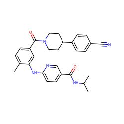 Cc1ccc(C(=O)N2CCC(c3ccc(C#N)cc3)CC2)cc1Nc1ccc(C(=O)NC(C)C)cn1 ZINC000150155614