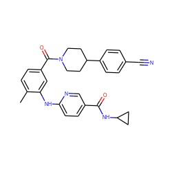 Cc1ccc(C(=O)N2CCC(c3ccc(C#N)cc3)CC2)cc1Nc1ccc(C(=O)NC2CC2)cn1 ZINC000098185681