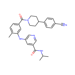 Cc1ccc(C(=O)N2CCC(c3ccc(C#N)cc3)CC2)cc1Nc1cncc(C(=O)NC(C)C)c1 ZINC000098185426