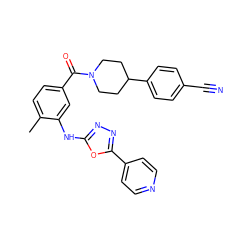 Cc1ccc(C(=O)N2CCC(c3ccc(C#N)cc3)CC2)cc1Nc1nnc(-c2ccncc2)o1 ZINC000143581775