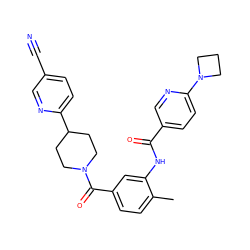 Cc1ccc(C(=O)N2CCC(c3ccc(C#N)cn3)CC2)cc1NC(=O)c1ccc(N2CCC2)nc1 ZINC000098185721