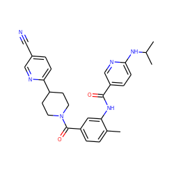 Cc1ccc(C(=O)N2CCC(c3ccc(C#N)cn3)CC2)cc1NC(=O)c1ccc(NC(C)C)nc1 ZINC000143573842