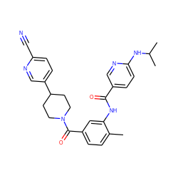 Cc1ccc(C(=O)N2CCC(c3ccc(C#N)nc3)CC2)cc1NC(=O)c1ccc(NC(C)C)nc1 ZINC000150219896