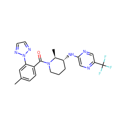 Cc1ccc(C(=O)N2CCC[C@@H](Nc3cnc(C(F)(F)F)cn3)[C@@H]2C)c(-n2nccn2)c1 ZINC000211358198