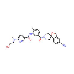 Cc1ccc(C(=O)N2CCC3(CC2)OCc2cc(C#N)ccc23)cc1NC(=O)c1ccc(N(C)CCO)nc1 ZINC000149341337