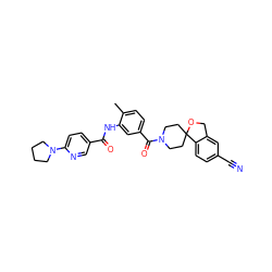 Cc1ccc(C(=O)N2CCC3(CC2)OCc2cc(C#N)ccc23)cc1NC(=O)c1ccc(N2CCCC2)nc1 ZINC000150224342