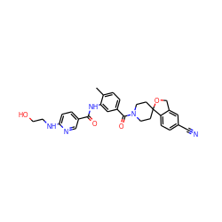 Cc1ccc(C(=O)N2CCC3(CC2)OCc2cc(C#N)ccc23)cc1NC(=O)c1ccc(NCCO)nc1 ZINC000098185257